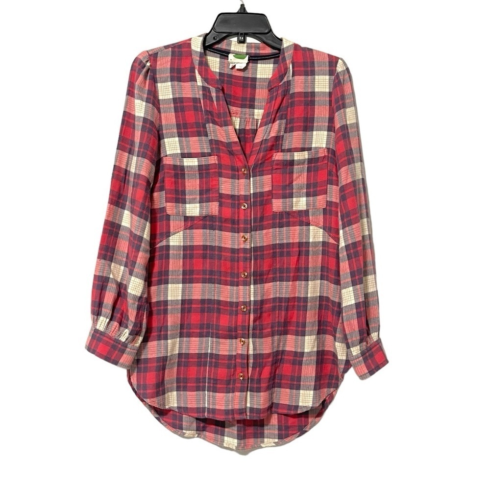 Anthropologie Medford Red White Plaid Button Up Shirt Size 6 Boho Relaxed Casual - Picture 2 of 7